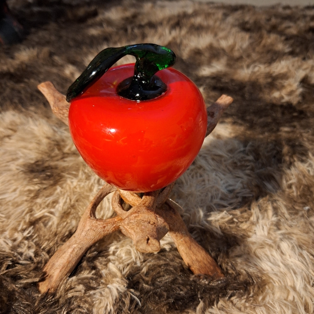 BLOWN GLASS RED APPLE GREEN STEM